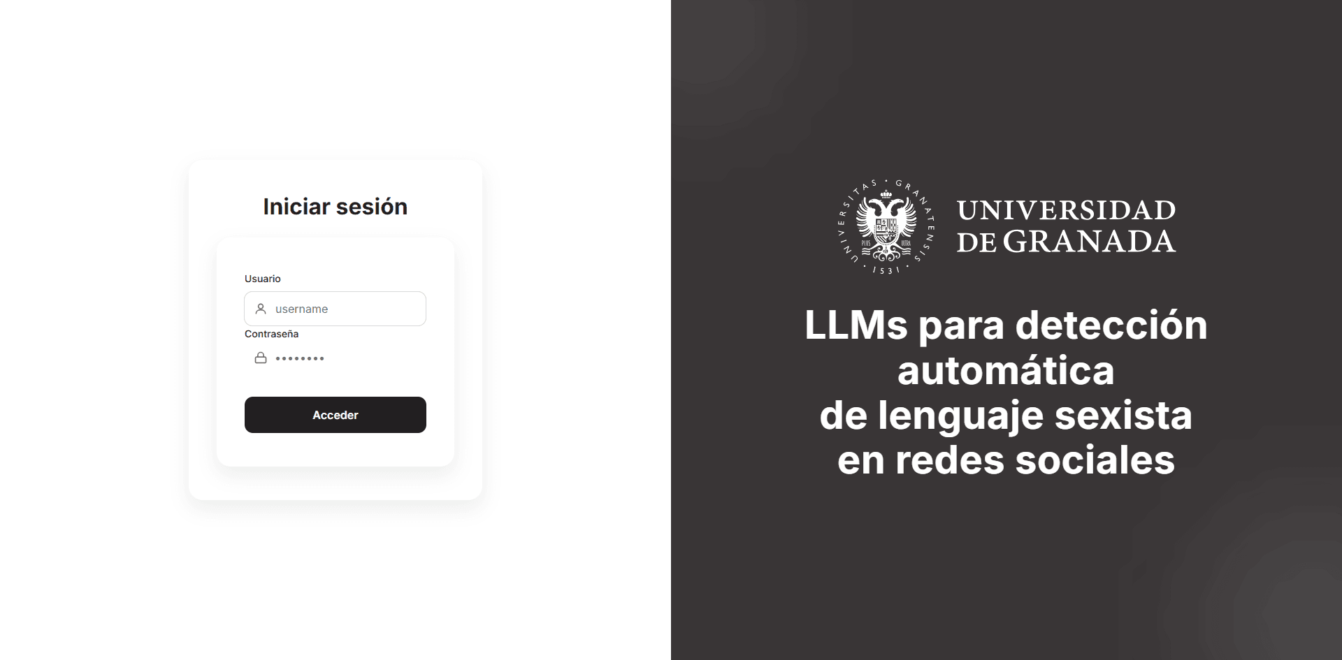Pantalla de inicio de sesión de la aplicación, con campos de usuario y contraseña