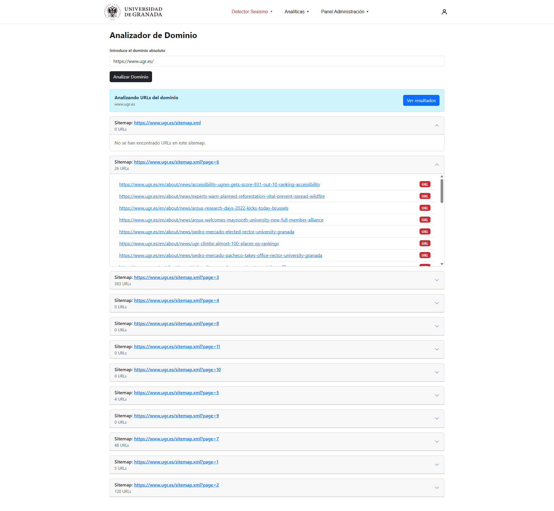 Resultado del análisis de un dominio completo, mostrando los sitemaps localizados y las URLs detectadas