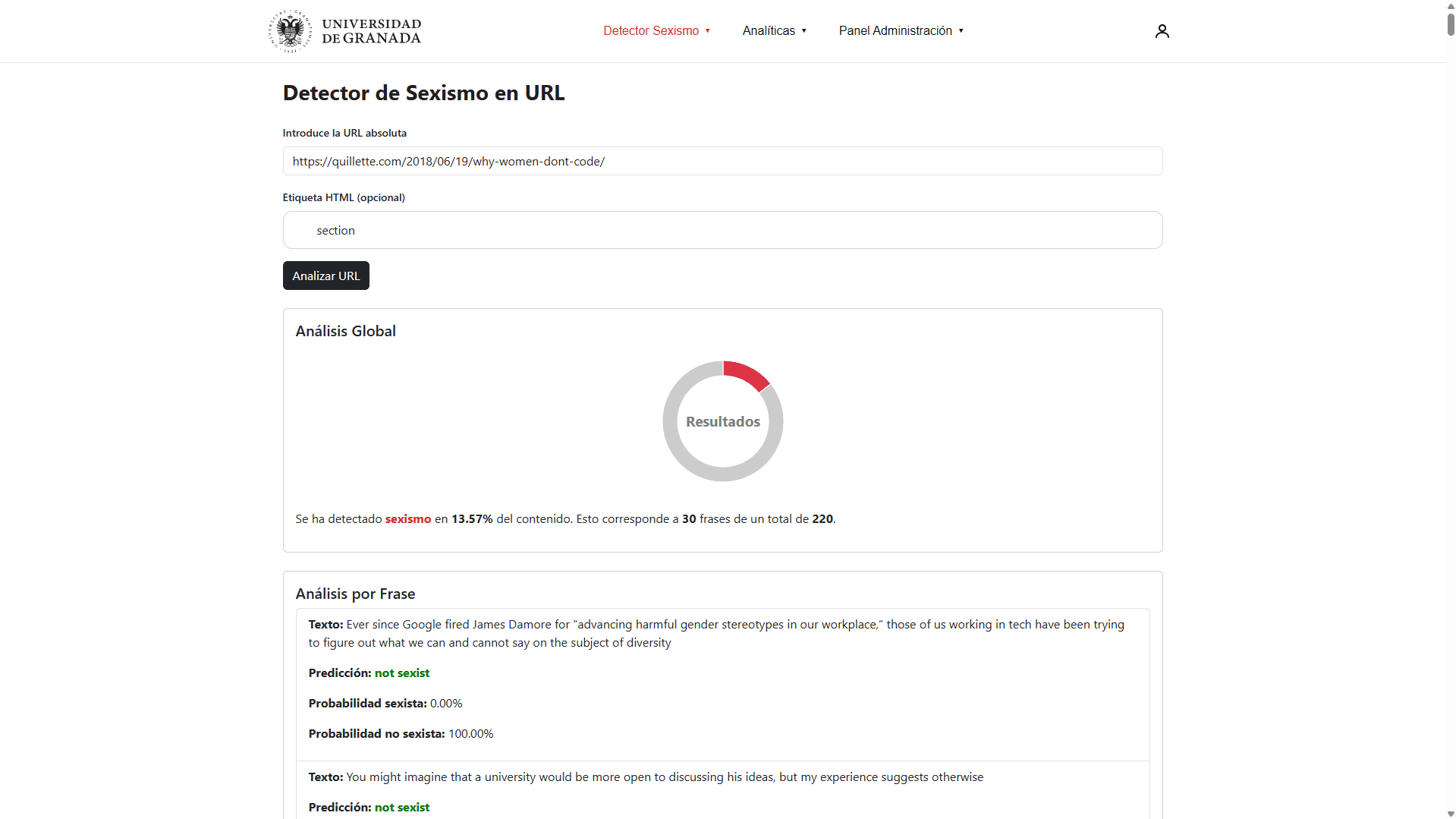Resultado del análisis del contenido textual de una URL, con resumen global y detalle por frase